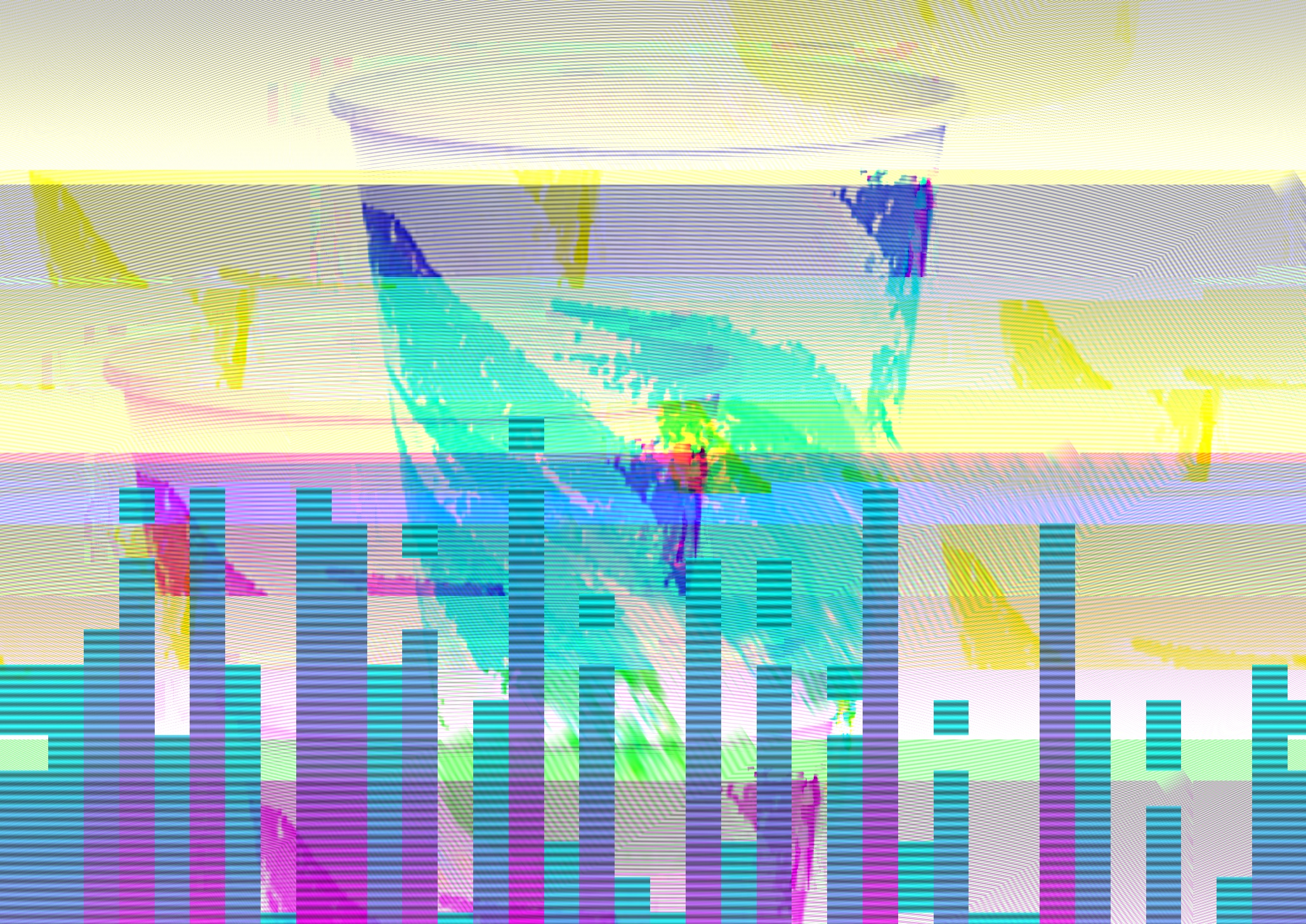 a glitched and distored image of a paper cup with blue and purple stripes on it.